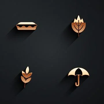 Set Homemade pie, Leaf, and Umbrella icon with long shadow. Vector Illustrazione stock