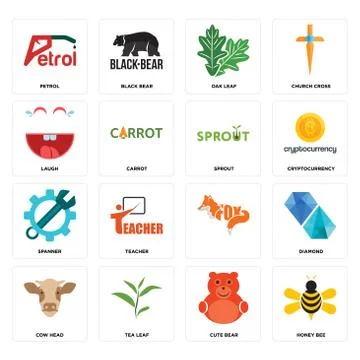 Set of honey bee, cute bear, cow head, , spanner, sprout, laugh, oak leaf, pe 無料イラスト素材