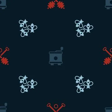 Set Honey dipper stick, extractor and Bees on seamless pattern. Vector Stock Illustration
