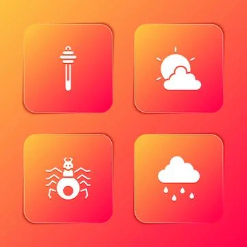 Set Honey dipper stick, Sun and cloud weather, Spider and Cloud with rain i.. Stock Illustration