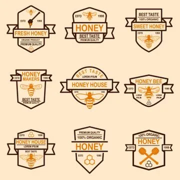 Set of honey labels template. Bee icons. Design element for logo, label, embl Stock Illustration