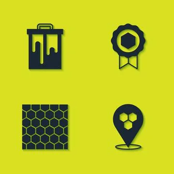 Set Honeycomb, bee location, and medal icon. Vector Illustrazione stock