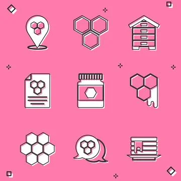 Set Honeycomb bee location, Hive for bees, Jar of honey,  and  icon. Vector Stock Illustration