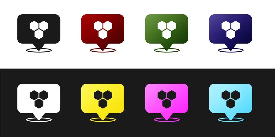 Set Honeycomb bee location map pin pointer icon isolated on black and white 스톡 일러스트