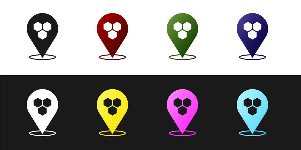 Set Honeycomb bee location map pin pointer icon isolated on black and white Stock Illustration