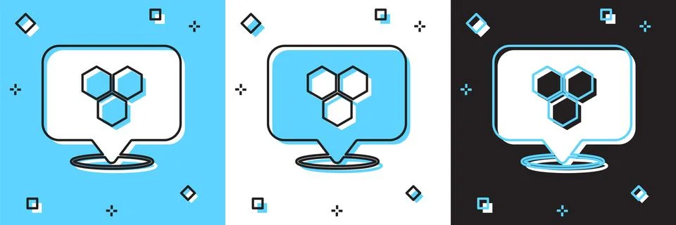 Set Honeycomb bee location map pin pointer icon isolated on blue and white 스톡 일러스트