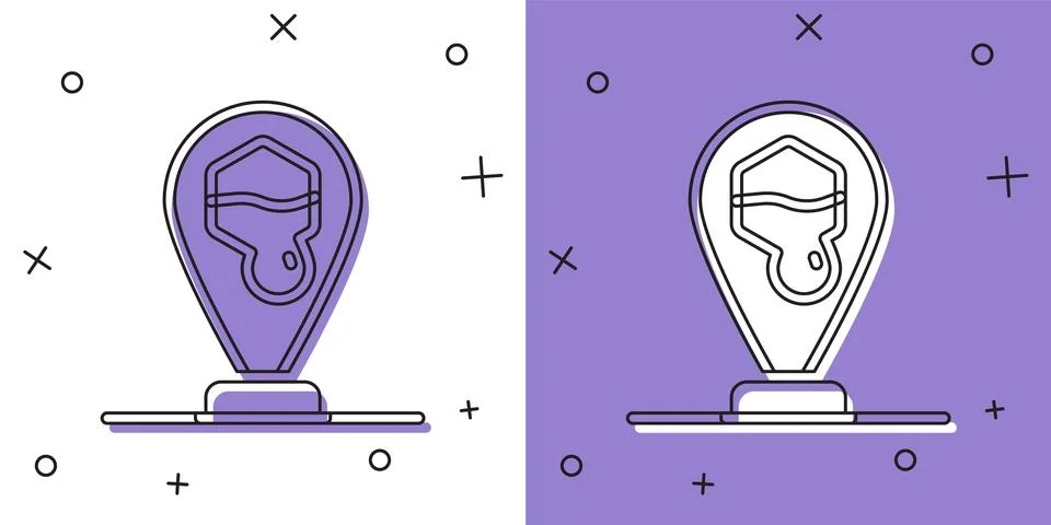 Set Honeycomb bee location map pin pointer icon isolated on white and purple Stock Illustration