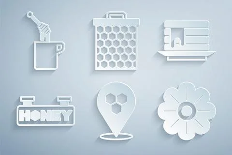 Set Honeycomb bee location, Stack of pancakes, Hanging sign with honeycomb Illustrazione stock