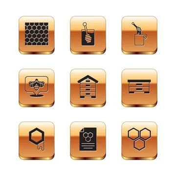 Set Honeycomb, Hive for bees, Bee, dipper stick with honey, and icon. Vector Stock Illustration