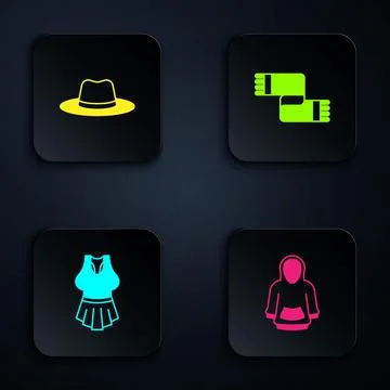 Set Hoodie, Man hat, Undershirt and Winter scarf. Black square button. Vector Stock Illustration