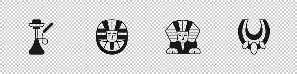 Set Hookah, Egyptian pharaoh, Sphinx and necklace icon. Vector Stock Illustration
