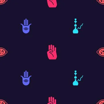 Set Hookah, Hamsa hand, Indian symbol and Kheer in bowl on seamless pattern Stock Illustration