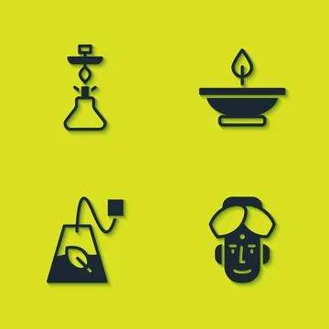 Set Hookah, Indian man, Tea bag and Aroma lamp icon. Vector Stockillustratie