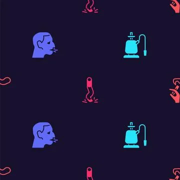 Set Hookah, Man coughing, Cigarette butt and Hand with smoking cigarette on.. Stock Illustration