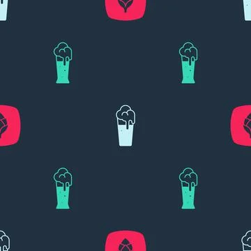 Set Hop, Glass of beer and on seamless pattern. Vector Stock Illustration