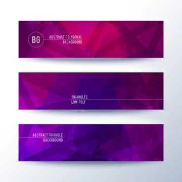Set of horisontal abstract low poly geometric banners with triangles in violet Stock Illustration
