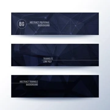 Set of horisontal abstract low poly geometric banners with triangles in black Stock Illustration