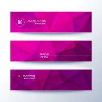Set of horisontal abstract low poly geometric banners with triangles in magenta Stock Illustration