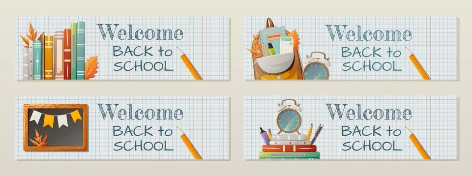 Set of horizontal banner, checkered notebook background. Stock Illustration
