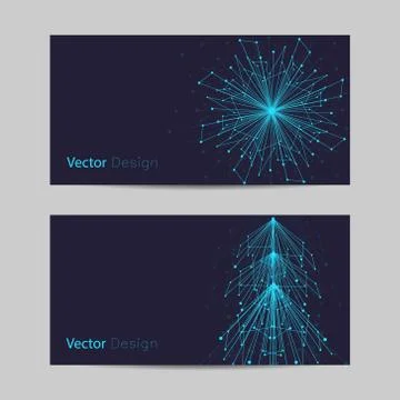 Set of horizontal banners. Abstract snowflake and fir tree made of connected Stock Illustration