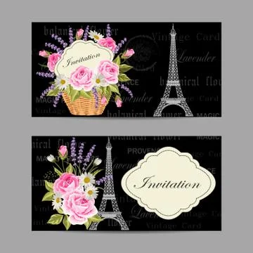 Set of horizontal banners with Eiffel Tower and flowers on vintge background Stock Illustration