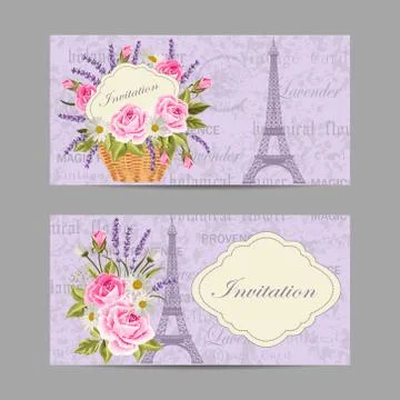 Set of horizontal banners with Eiffel Tower and flowers on vintge background Stock Illustration