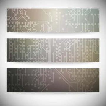 Set of horizontal banners. Microchip backgrounds, electronics circuit, EPS10 Stock Illustration