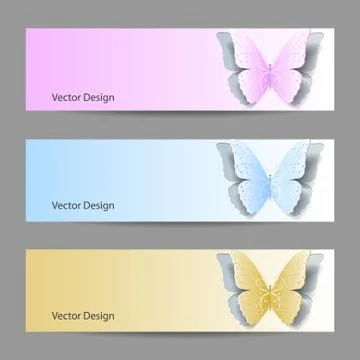 Set of horizontal banners with paper butterflies Stock Illustration