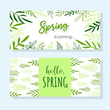 Set of horizontal banners spring close and hello spring. Drawn hands leaves i Stock Illustration