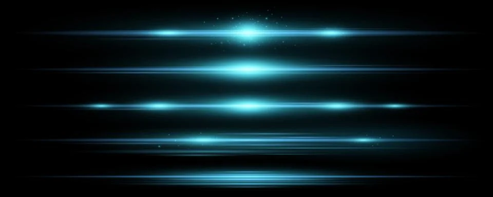 Set of horizontal blue light effects on a black background. Collection of bea Иллюстрация