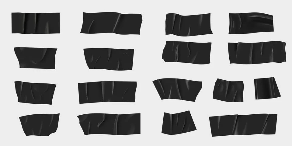 Set of horizontal different size black sticky tape, adhesive wrinkled pieces Stock Illustration