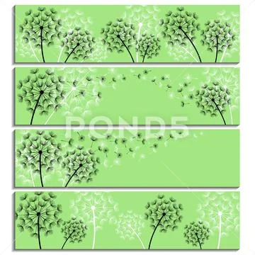 Set of horizontal green banners with dandelions fluff Stock Illustration