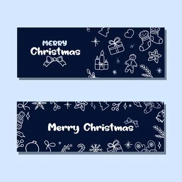 Set of horizontal hand drawn banners merry christmas cards. Stock Illustration