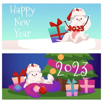 Set of horizontal New Year banners with rabbits in Santa's hat flat style Illustrazione stock