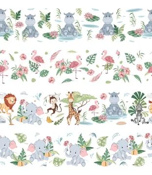 Set of Horizontal seamless borders with cute animals. Vector repeating illust Stock Illustration
