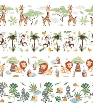 Set of Horizontal seamless borders with cute animals. Vector repeating illust Stock Illustration