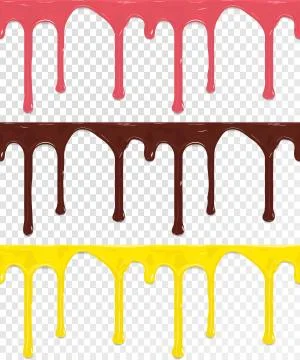 Set of horizontal seamless drip glaze. Chocolate, pink and yellow isolated on Stock Illustration