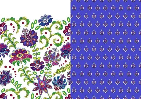 Set of horizontal seamless floral pattern and horizontal fantasy flowers border Stock Illustration