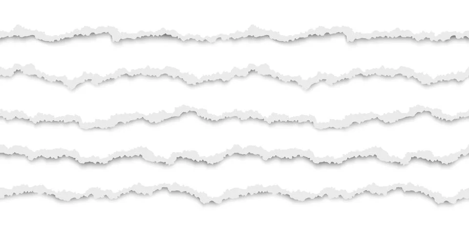 Set of horizontal seamless torn white paper with shadow. Damaged cardboard bo Stock Illustration