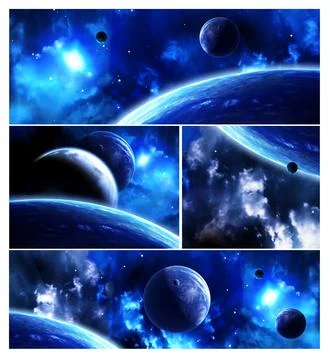 Set of horizontal space banners with planets, nebula and stars Stock Illustration