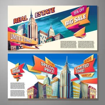 Set of horizontal vector cartoon illustrations, banners, urban backgrounds with Stock-Illustration