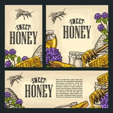 Set horizontal, vertical and square and posters with honey Stock Illustration