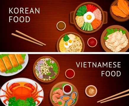 Set of horizontal web banners. Vietnamese, Korean cuisine. Illustrazione stock