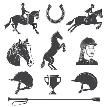 Set of Horse riding sport icon. Vector illustration. Vintage monochrome Stock Illustration