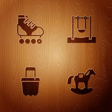 Set Horse in saddle swing, Roller skate, Sand bucket and Swing on wooden back Ilustración de archivo