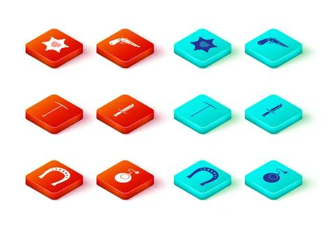 Set Horseshoe, Bomb ready to explode, Pickaxe, Military knife, Revolver gun a Illustrazione stock