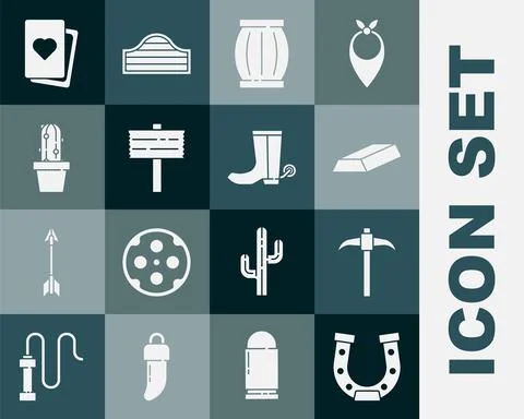 Set Horseshoe, Pickaxe, Gold bars, Gun powder barrel, Road traffic signpost Illustration