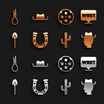 Set Horseshoe, Pointer to wild west, Cowboy, Cactus, Shovel, Revolver cylinder 스톡 일러스트