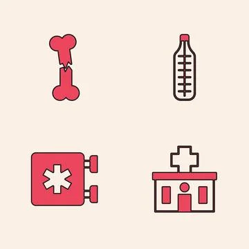 Set Hospital building, Human broken bone, Medical thermometer and Emergency.. Ilustración de archivo