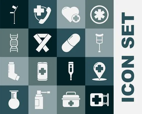 Set Hospital signboard, Map pointer with cross hospital, Crutch or crutches 스톡 일러스트